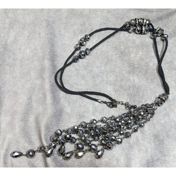 Glam Goth Mirror Finish Glass Beaded Tassel Necklace - Picture 5 of 6